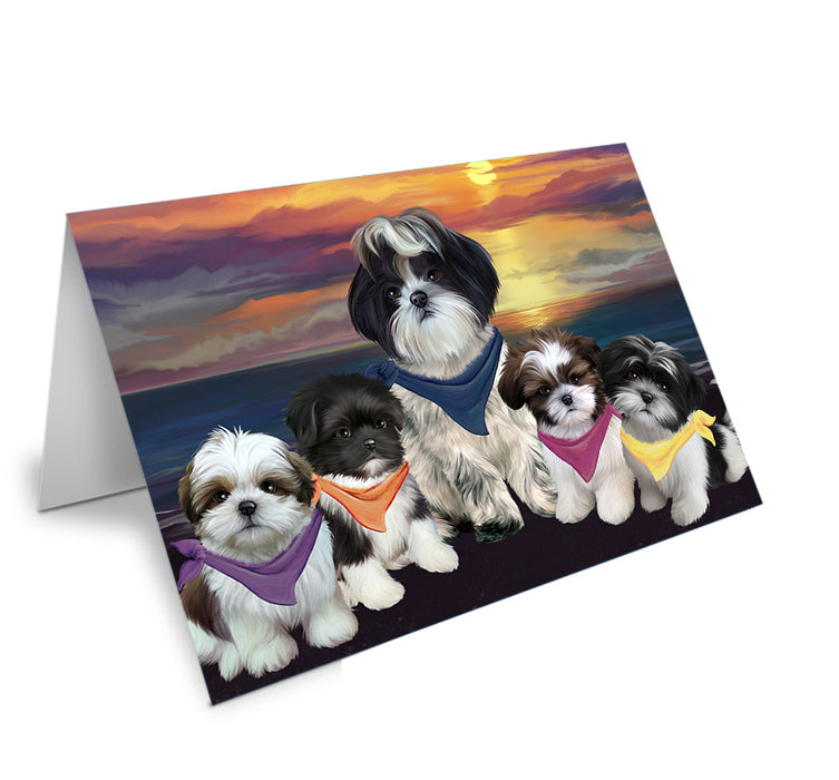 Family Sunset Portrait Shih Tzus Dog Handmade Artwork Assorted Pets Greeting Cards and Note Cards with Envelopes for All Occasions and Holiday Seasons GCD54875