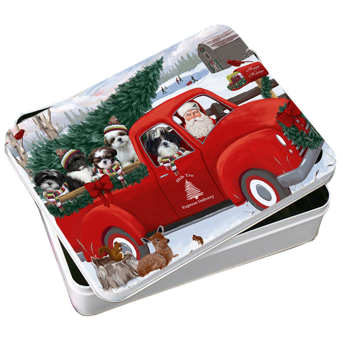 Christmas Santa Express Delivery Shih Tzus Dog Family Photo Storage Tin PITN55012