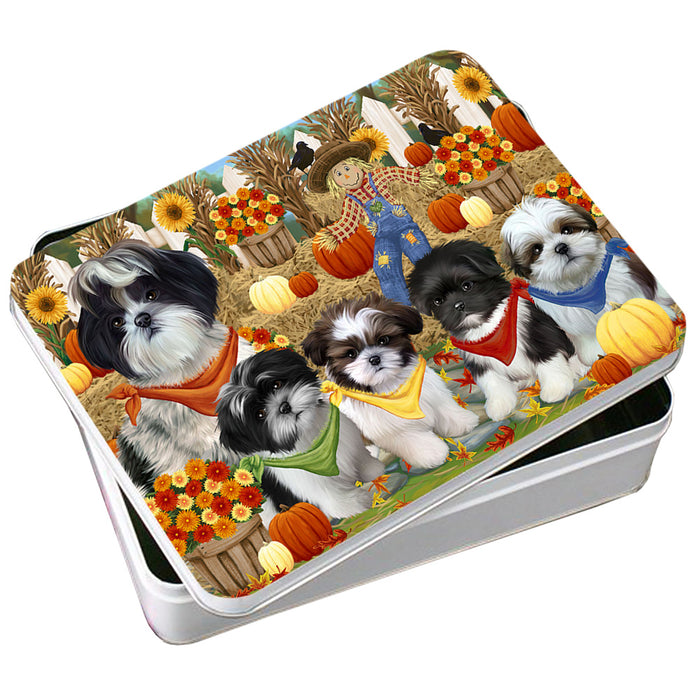 Fall Festive Gathering Shih Tzus Dog with Pumpkins Photo Storage Tin PITN50806