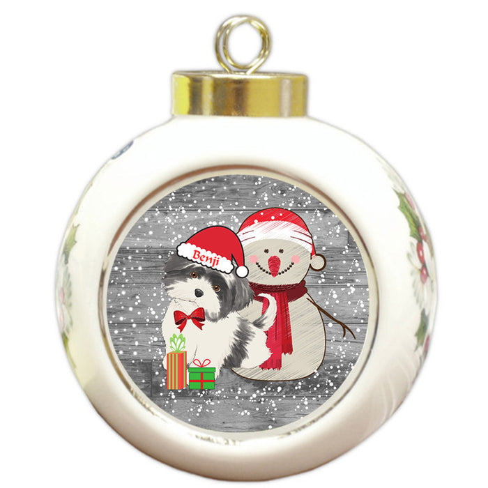 Custom Personalized Snowy Snowman and Shih Tzu Dog Christmas Round Ball Ornament