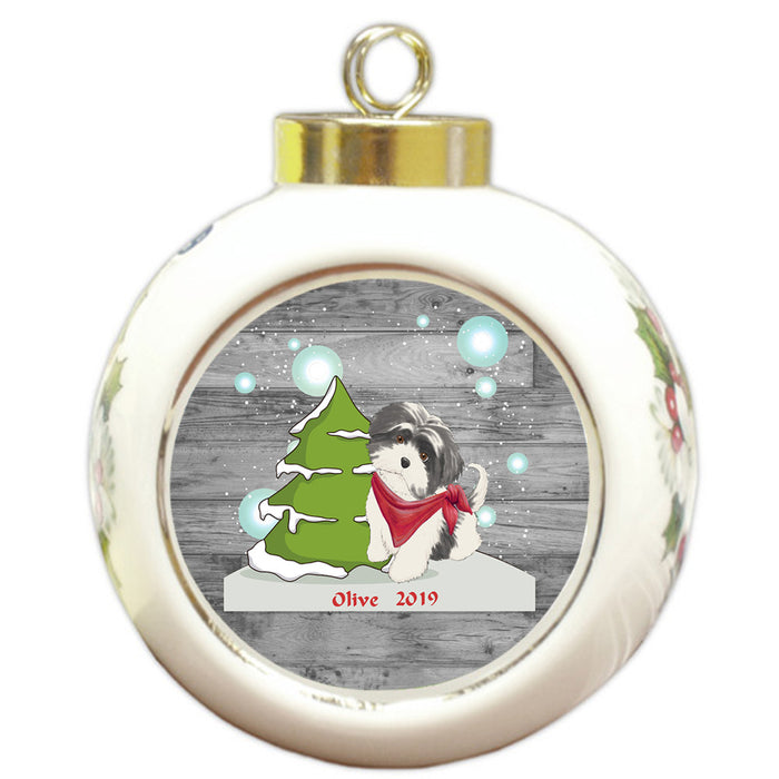 Custom Personalized Winter Scenic Tree and Presents Shih Tzu Dog Christmas Round Ball Ornament