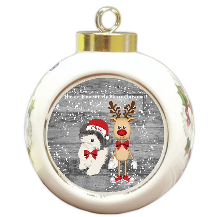 Custom Personalized Shih Tzu Dog Reindeer and Pooch Christmas Round Ball Ornament