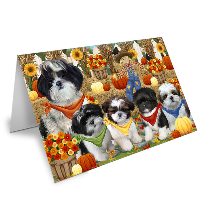 Fall Festive Gathering Shih Tzus Dog with Pumpkins Handmade Artwork Assorted Pets Greeting Cards and Note Cards with Envelopes for All Occasions and Holiday Seasons GCD56447
