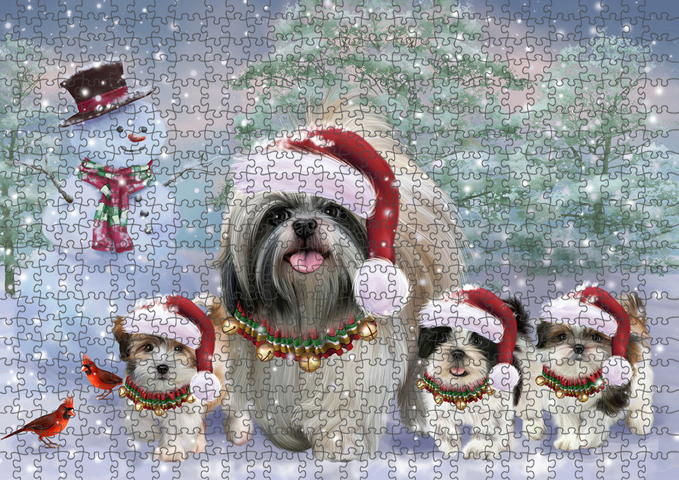 Christmas Running Family Shih Tzus Dog Puzzle with Photo Tin PUZL94768