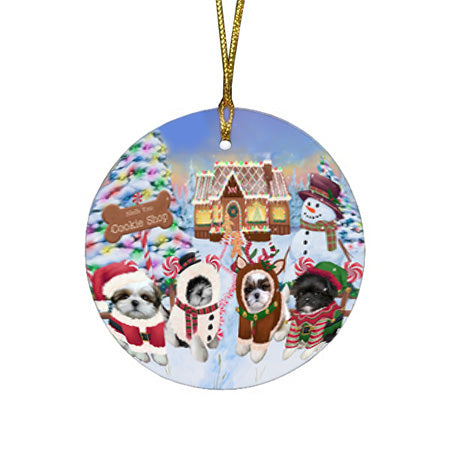 Holiday Gingerbread Cookie Shop Shih Tzus Dog Round Flat Christmas Ornament RFPOR56977