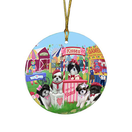 Carnival Kissing Booth Shih Tzus Dog Round Flat Christmas Ornament RFPOR56283