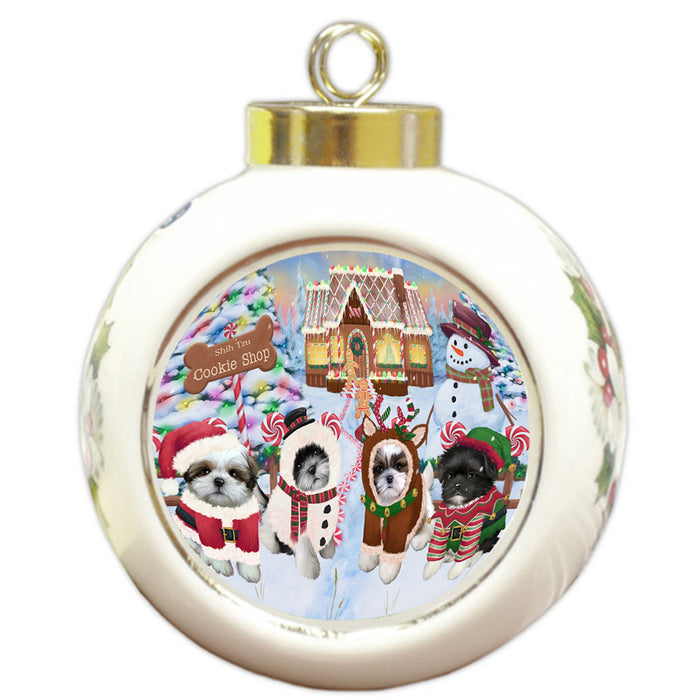 Holiday Gingerbread Cookie Shop Shih Tzus Dog Round Ball Christmas Ornament RBPOR56977