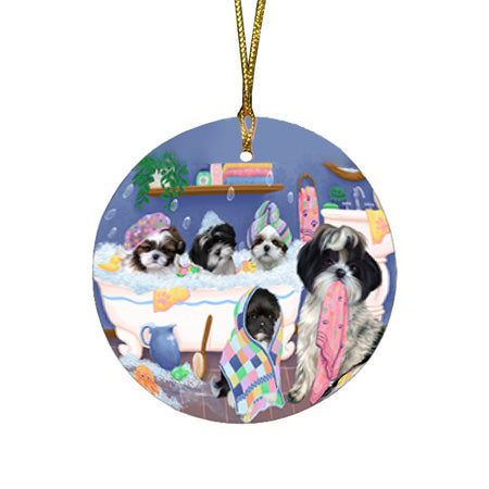 Rub A Dub Dogs In A Tub Shih Tzus Dog Round Flat Christmas Ornament RFPOR57180