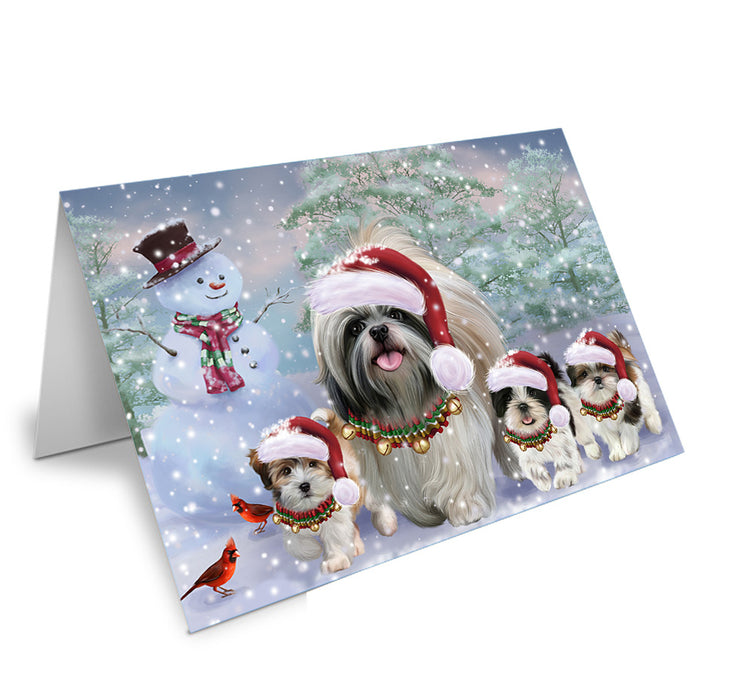 Christmas Running Family Shih Tzus Dog Handmade Artwork Assorted Pets Greeting Cards and Note Cards with Envelopes for All Occasions and Holiday Seasons GCD74441