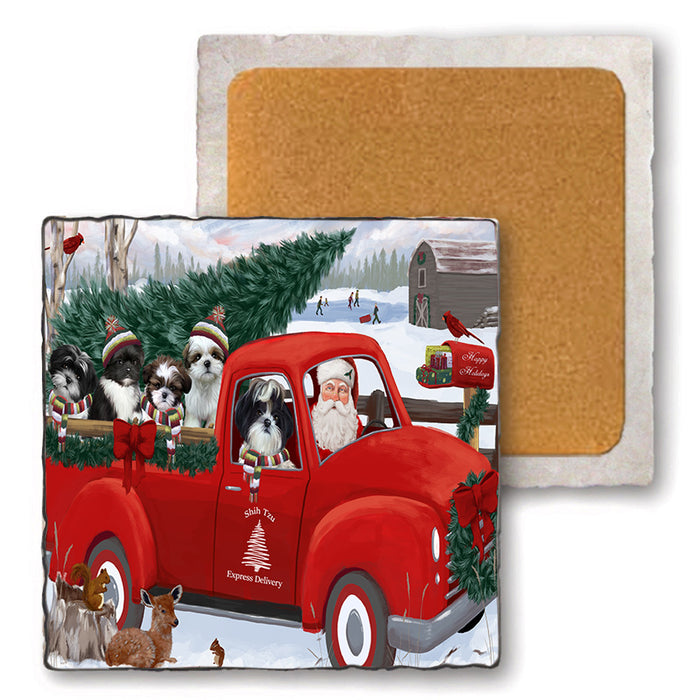 Christmas Santa Express Delivery Shih Tzus Dog Family Set of 4 Natural Stone Marble Tile Coasters MCST50069