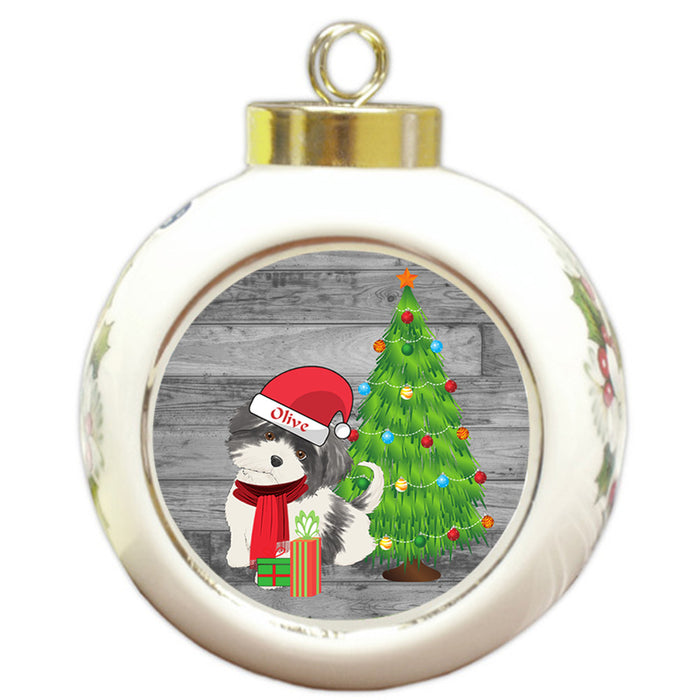 Custom Personalized Shih Tzu Dog With Tree and Presents Christmas Round Ball Ornament