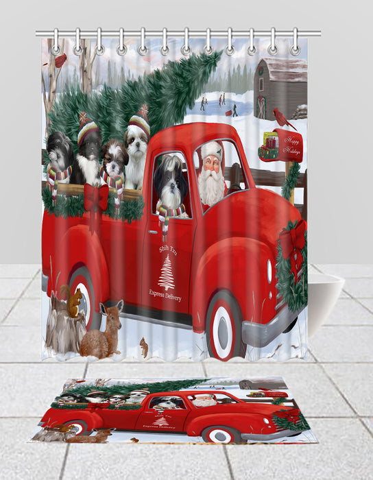 Christmas Santa Express Delivery Red Truck Shih Tzu Dogs Bath Mat and Shower Curtain Combo