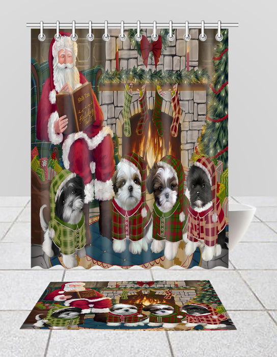Christmas Cozy Holiday Fire Tails Shih Tzu Dogs Bath Mat and Shower Curtain Combo