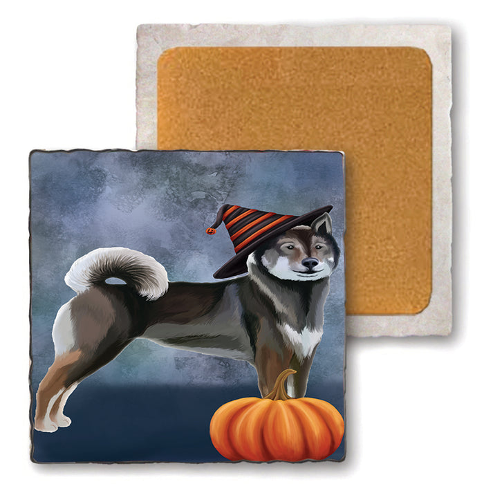Happy Halloween Shikoku Dog Wearing Witch Hat with Pumpkin Set of 4 Natural Stone Marble Tile Coasters MCST49927
