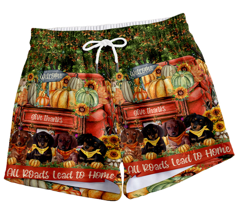All Roads Lead to Home Orange Truck Harvest Fall Pumpkin Dachshund Dog All-Over Print Women's Casual Shorts
