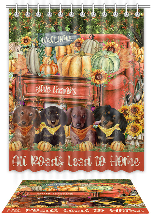 All Roads Lead to Home Orange Truck Harvest Fall Pumpkin Dachshund Dog Bath Mat and Shower Curtain Combo