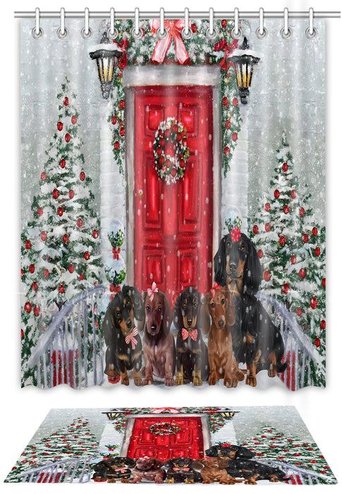 Christmas Holiday Welcome Red Door Dachshund Dog Bath Mat and Shower Curtain Combo