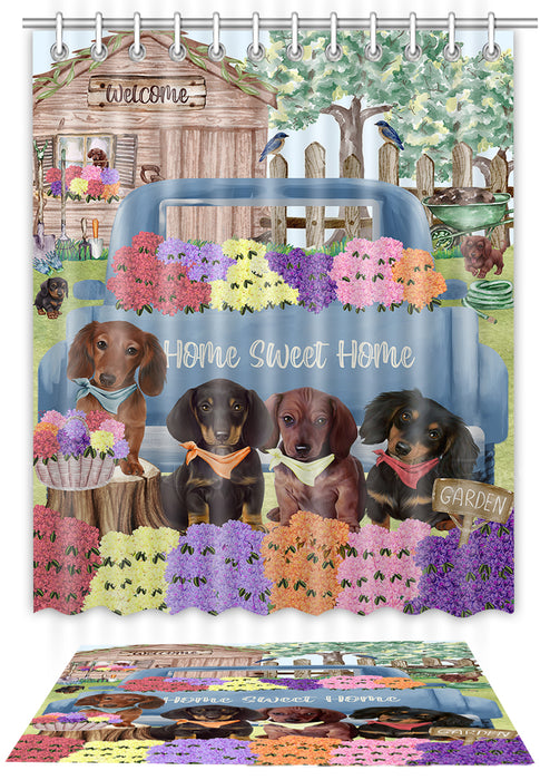 Rhododendron Home Sweet Home Garden Blue Truck Dachshund Dog Bath Mat and Shower Curtain Combo