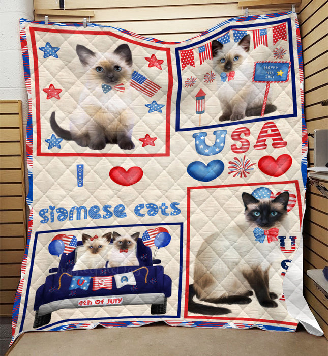 4th of July Independence Day I Love USA Siamese Cats Quilt Bed Coverlet Bedspread - Pets Comforter Unique One-side Animal Printing - Soft Lightweight Durable Washable Polyester Quilt