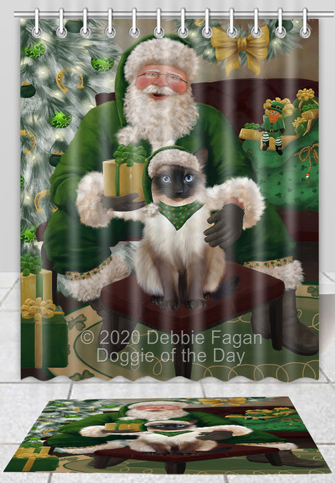 Christmas Irish Santa with Gift Siamese Cat Bath Mat and Shower Curtain Combo
