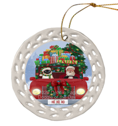 Christmas Honk Honk Red Truck with Santa and Siamese Cat Doily Ornament DPOR59388