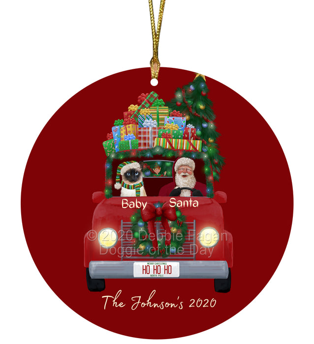 Personalized Christmas Honk Honk Red Truck Here Comes with Santa and Siamese Cat Round Flat Ornament PRBPOR59117