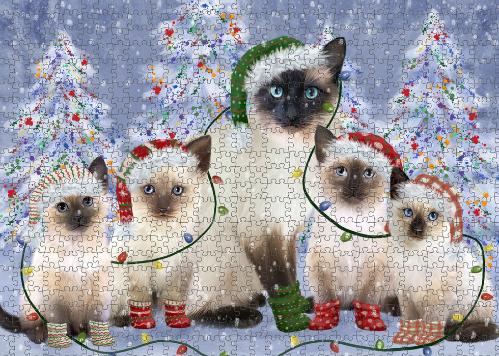Christmas Lights and Siamese Cats Portrait Jigsaw Puzzle for Adults Animal Interlocking Puzzle Game Unique Gift for Dog Lover's with Metal Tin Box