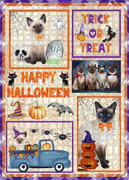 Happy Halloween Trick or Treat Siamese Cats Portrait Jigsaw Puzzle for Adults Animal Interlocking Puzzle Game Unique Gift for Dog Lover's with Metal Tin Box