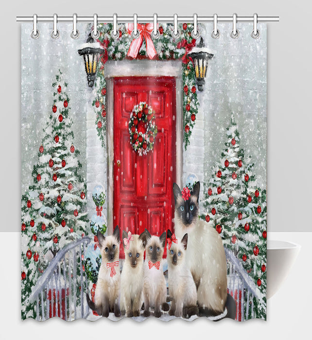 Christmas Holiday Welcome Siamese Cats Shower Curtain Pet Painting Bathtub Curtain Waterproof Polyester One-Side Printing Decor Bath Tub Curtain for Bathroom with Hooks