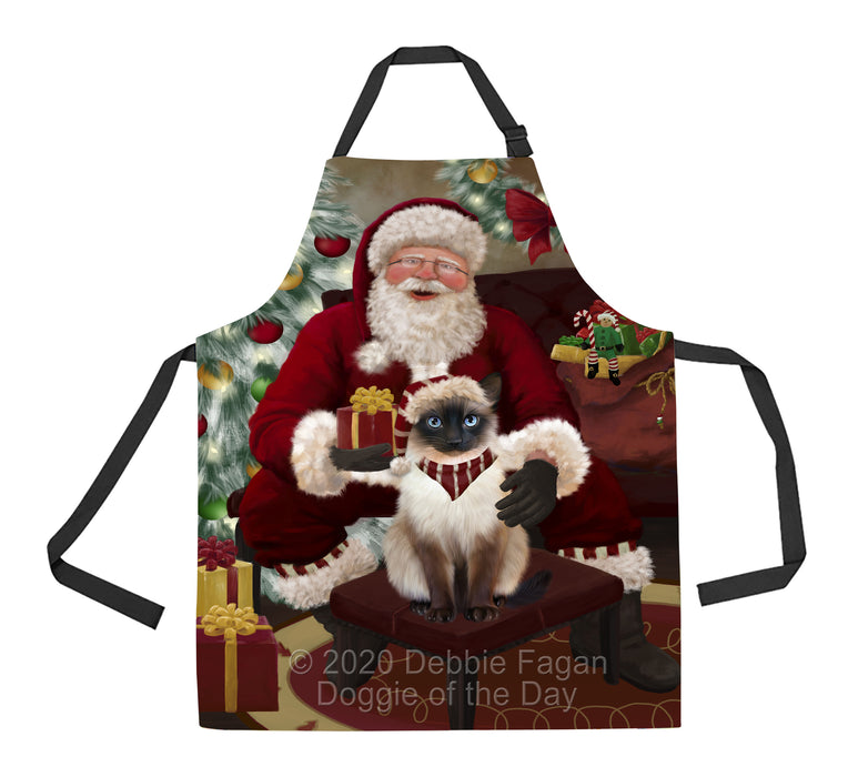 Santa's Christmas Surprise Siamese Cat Apron - Adjustable Long Neck Bib for Adults - Waterproof Polyester Fabric With 2 Pockets - Chef Apron for Cooking, Dish Washing, Gardening, and Pet Grooming