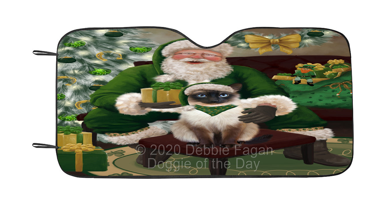 Christmas Irish Santa with Gift and Siamese Cat Car Sun Shade Cover Curtain