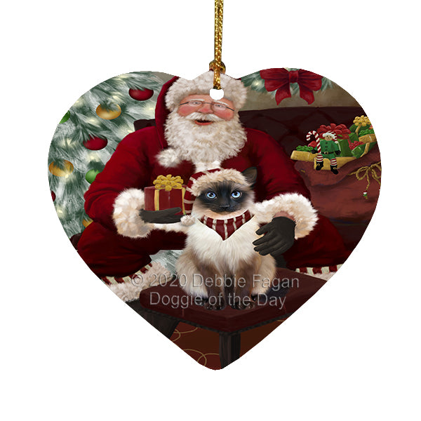 Santa's Christmas Surprise Siamese Cat Heart Christmas Ornament RFPOR58407