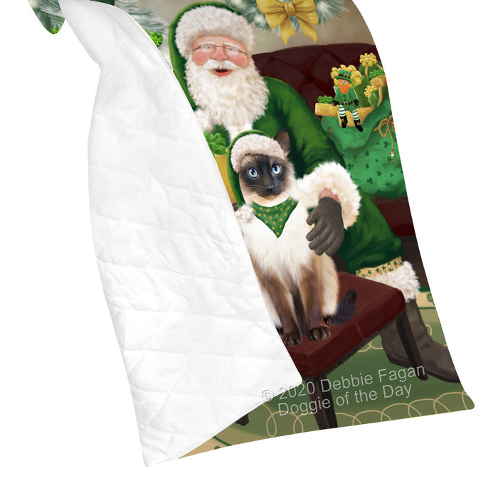 Christmas Irish Santa with Gift and Siamese Cat Quilt Bed Coverlet Bedspread - Pets Comforter Unique One-side Animal Printing - Soft Lightweight Durable Washable Polyester Quilt