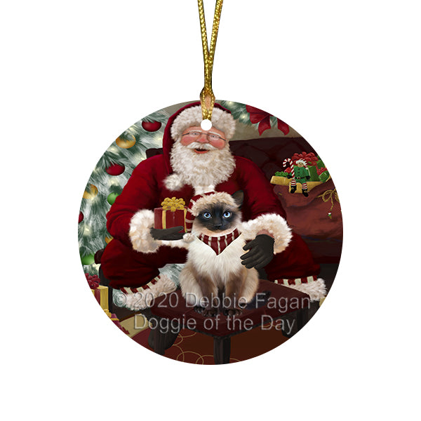 Santa's Christmas Surprise Siamese Cat Round Flat Christmas Ornament RFPOR58065
