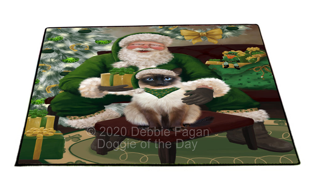 Christmas Irish Santa with Gift and Siamese Cat Indoor/Outdoor Welcome Floormat - Premium Quality Washable Anti-Slip Doormat Rug FLMS57274