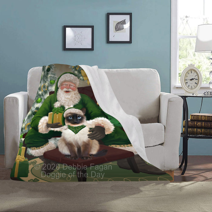 Christmas Irish Santa with Gift and Siamese Cat Blanket BLNKT141543