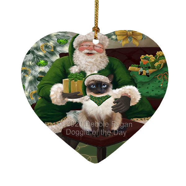 Christmas Irish Santa with Gift and Siamese Cat Heart Christmas Ornament RFPOR58309