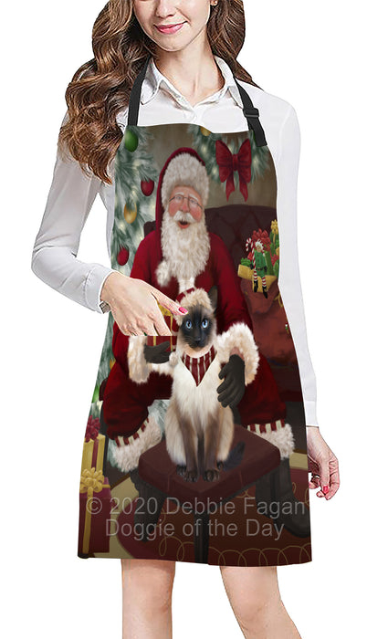 Santa's Christmas Surprise Siamese Cat Apron - Adjustable Long Neck Bib for Adults - Waterproof Polyester Fabric With 2 Pockets - Chef Apron for Cooking, Dish Washing, Gardening, and Pet Grooming