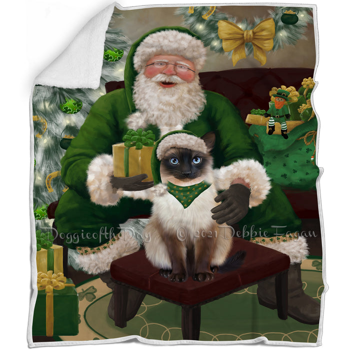 Christmas Irish Santa with Gift and Siamese Cat Blanket BLNKT141543