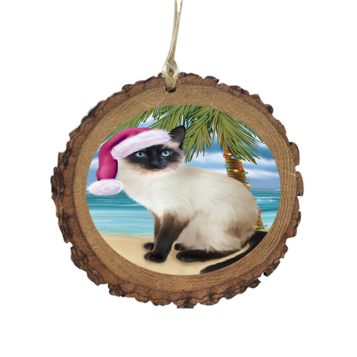 Summertime Happy Holidays Christmas Siamese Cat on Tropical Island Beach Wooden Christmas Ornament WOR49392