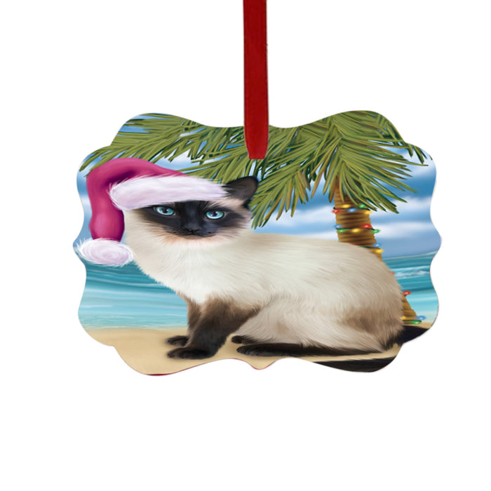 Summertime Happy Holidays Christmas Siamese Cat on Tropical Island Beach Double-Sided Photo Benelux Christmas Ornament LOR49392