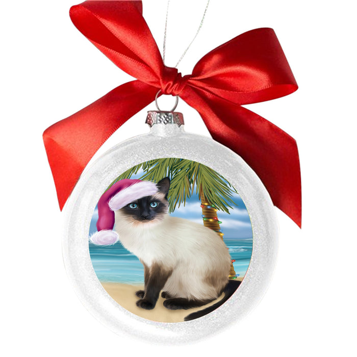 Summertime Happy Holidays Christmas Siamese Cat on Tropical Island Beach White Round Ball Christmas Ornament WBSOR49392