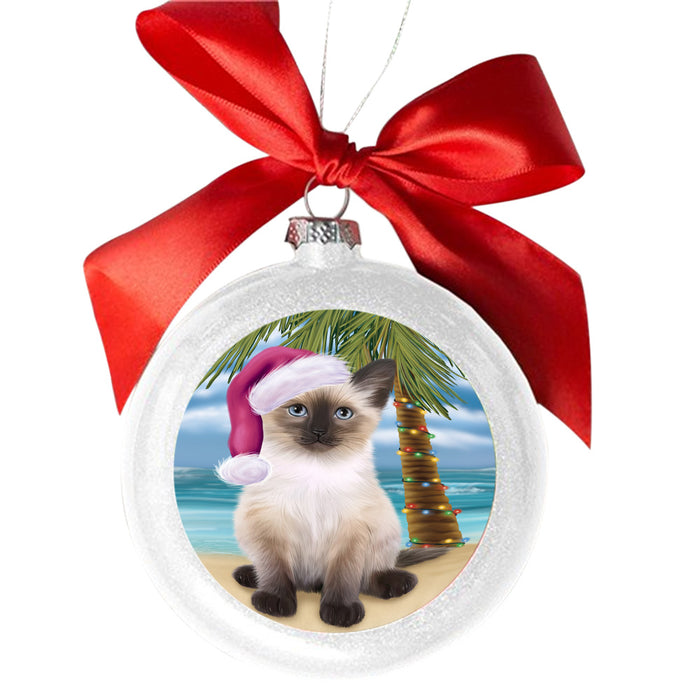 Summertime Happy Holidays Christmas Siamese Cat on Tropical Island Beach White Round Ball Christmas Ornament WBSOR49393