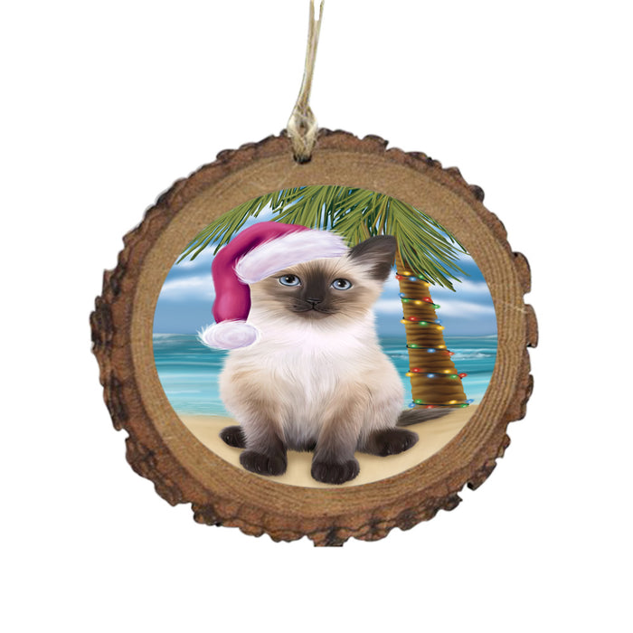 Summertime Happy Holidays Christmas Siamese Cat on Tropical Island Beach Wooden Christmas Ornament WOR49393