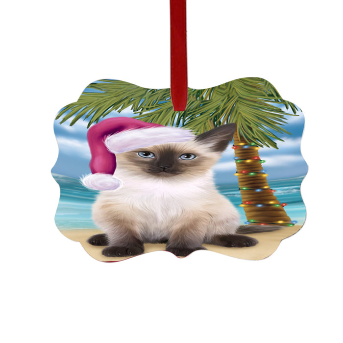 Summertime Happy Holidays Christmas Siamese Cat on Tropical Island Beach Double-Sided Photo Benelux Christmas Ornament LOR49393