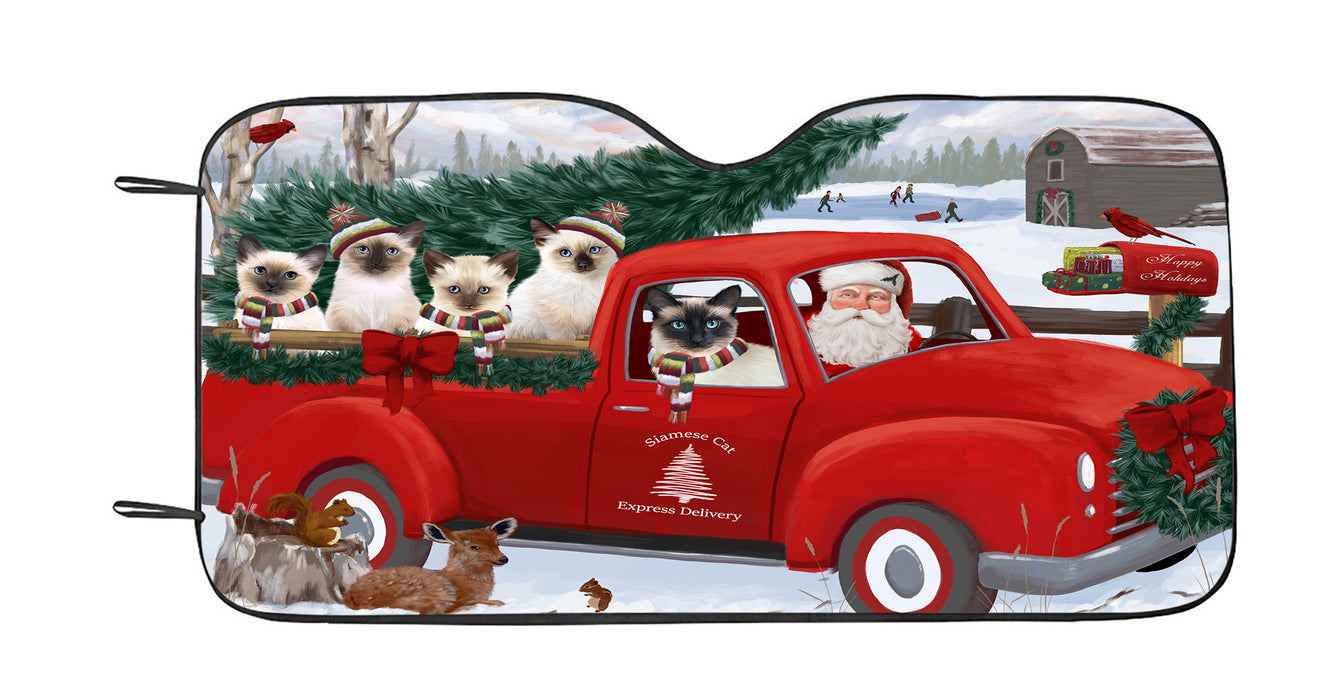 Christmas Santa Express Delivery Red Truck Siamese Cats Car Sun Shade