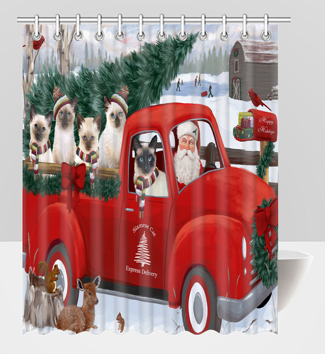 Christmas Santa Express Delivery Red Truck Siamese Cats Shower Curtain