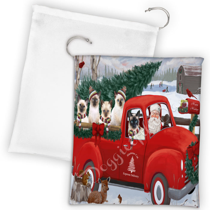 Christmas Santa Express Delivery Red Truck Siamese Cats Drawstring Laundry or Gift Bag LGB48342