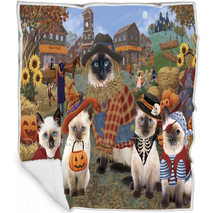 Halloween 'Round Town And Fall Pumpkin Scarecrow Both Siamese Cats Blanket BLNKT143652