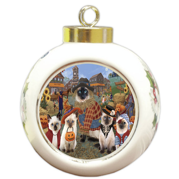 Halloween 'Round Town And Fall Pumpkin Scarecrow Both Siamese Cats Round Ball Christmas Ornament RBPOR57609